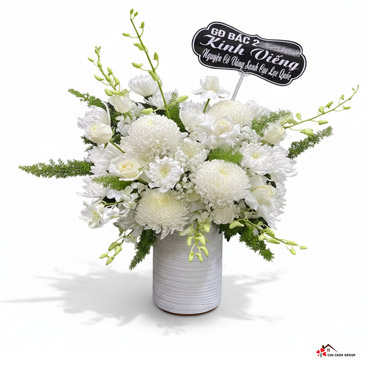 Lẵng hoa để bàn "Viếng Đau Lòng"