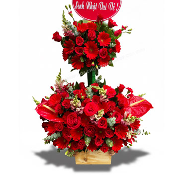 Lẵng Chúc Mừng Đỏ 2 Tầng Hoa